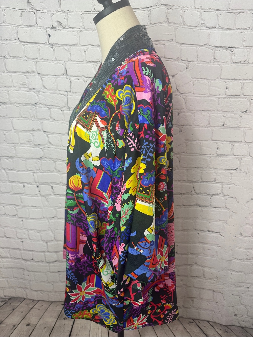 America & Beyond Floral & Elephant Print Kimono Cover Up with Sequin Trim M - Picture 6 of 10